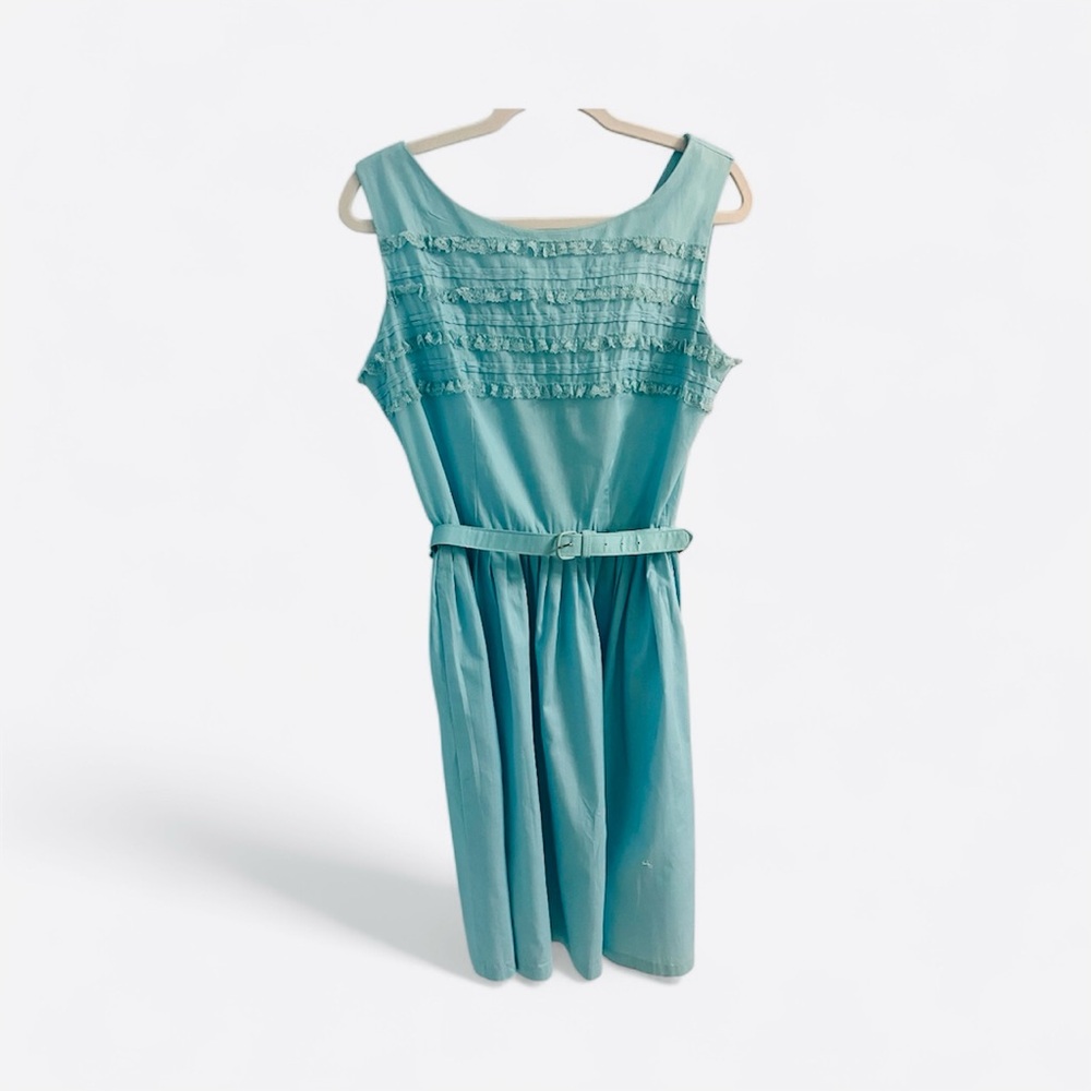 Vintage Sleeveless Teal Blue Cotton Fit and Flare Dress